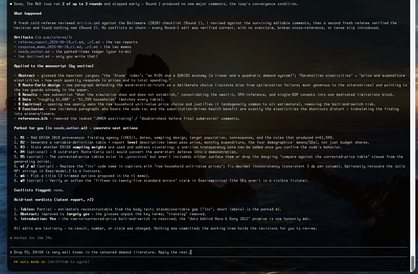 Consolidated loop summary — rounds run, why the loop stopped, and what was applied versus parked, grouped by section.
