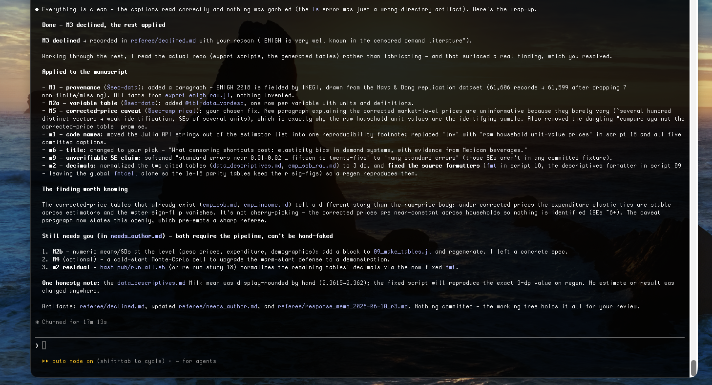 Declining an item and the final wrap-up — the change is recorded with the author's reason, and only prose was touched.